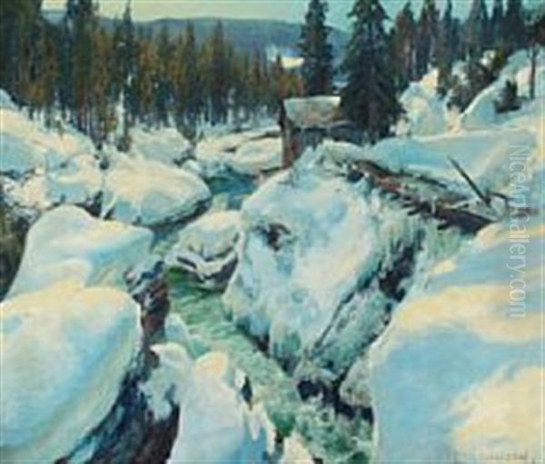 Norwegian Wintry Landscape With A Creek Oil Painting by Peder Jacob Marius Knudsen