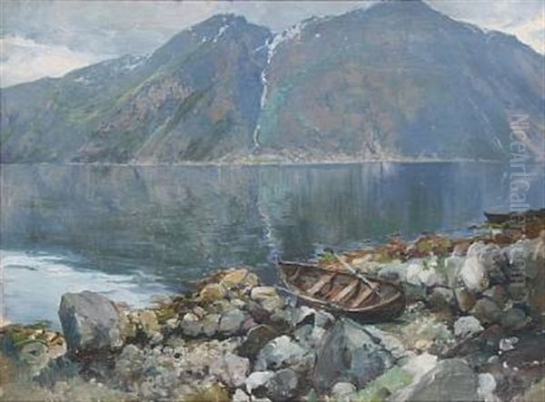 Fiord Scene With Mountains Oil Painting by Peder Jacob Marius Knudsen