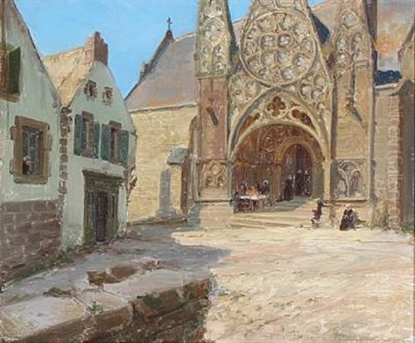 Street Scene From Pont-croix In France Oil Painting by Peder Jacob Marius Knudsen