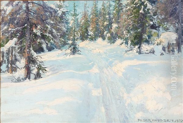 A Path Through A Forest On A Sunny Winter Day Oil Painting by Peder Jacob Marius Knudsen