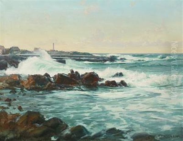 Landscape With A Lighthouse, Presumably From Bornholm Oil Painting by Peder Jacob Marius Knudsen