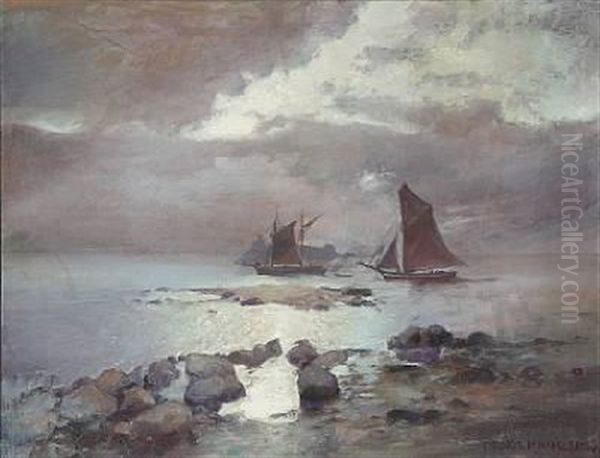 Coastal Scene With Sailing Ships On A Misty Morning Oil Painting by Peder Jacob Marius Knudsen