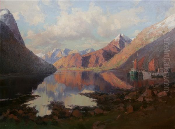 Fjordlandskap Oil Painting by Peder Jacob Marius Knudsen