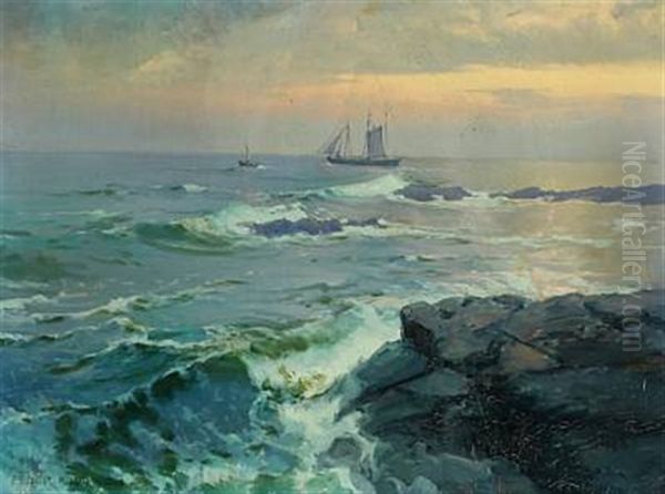 Coastal Scenery From Bornholm With Fishing Vessel Oil Painting by Peder Jacob Marius Knudsen