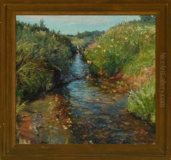 A Summer Landscape With A Brook Oil Painting by Peder Jacob Marius Knudsen