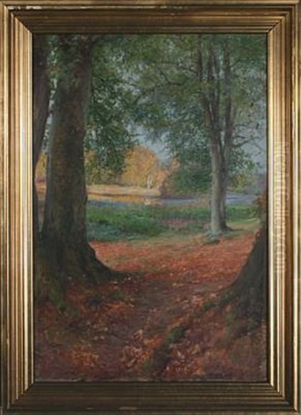 Autumn Day With Forest Lake Oil Painting by Peder Jacob Marius Knudsen