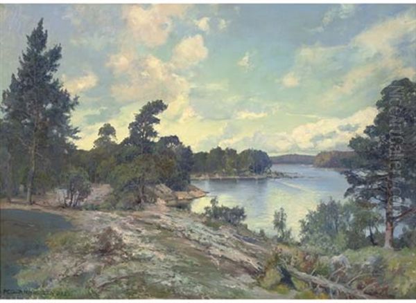 A Scandinavian Lake Oil Painting by Peder Jacob Marius Knudsen