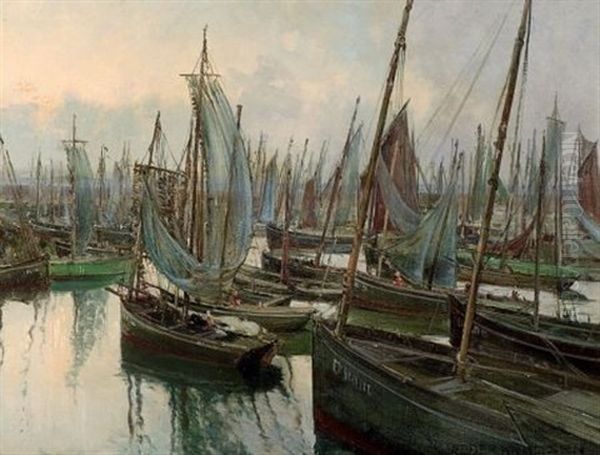 A Busy Harbor Oil Painting by Peder Jacob Marius Knudsen