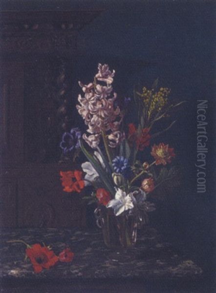 Summer Blooms In A Glass Vase On A Marble Table In An Interior Oil Painting by Peder Jacob Marius Knudsen