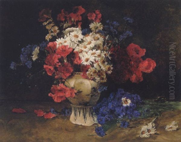 Valmuer, Kornblomster Og Margueritter I En Vase Oil Painting by Peder Jacob Marius Knudsen