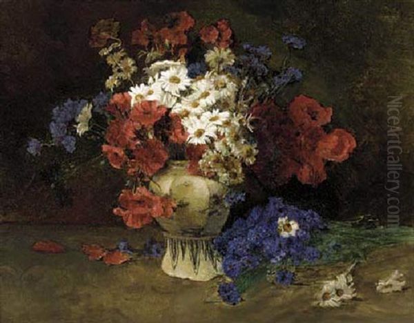 Summer Flowers In A Cream And White Vase Oil Painting by Peder Jacob Marius Knudsen