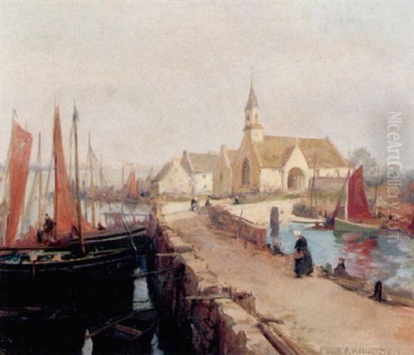 Havneparti Fra Bretagne Med Bade Ved Molen Og Kirke I Baggrunden Oil Painting by Peder Jacob Marius Knudsen