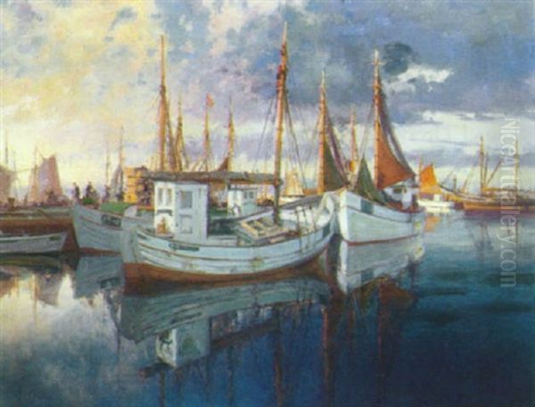 Kuttere I Havn Oil Painting by Peder Jacob Marius Knudsen