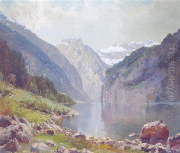 An Arctic Fjord Oil Painting by Peder Jacob Marius Knudsen