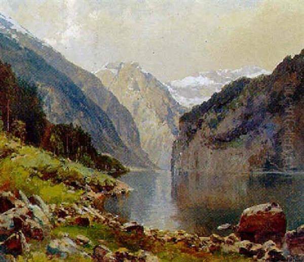 Bjerglandskap Med Flod Oil Painting by Peder Jacob Marius Knudsen