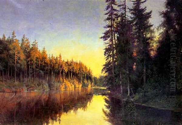 Skovso Med Naletraeer Oil Painting by Peder Jacob Marius Knudsen