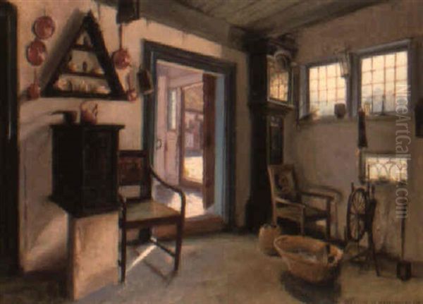 A Farmhouse Interior Oil Painting by Peder Jacob Marius Knudsen