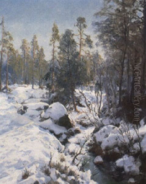 A Winter Landscape Oil Painting by Peder Jacob Marius Knudsen