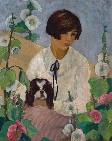 A Girl With Her Dog Oil Painting by Alice Beard