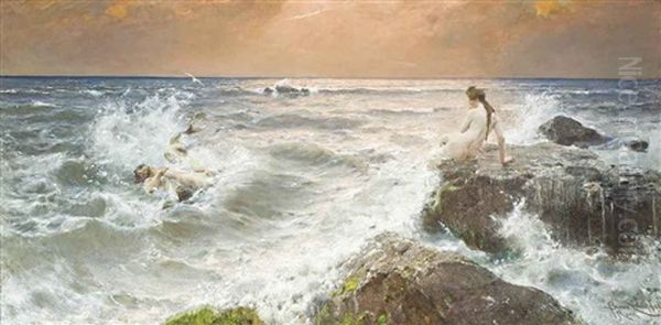 Duel Of The Tritons Oil Painting by Benes (Benesch) Knuepfer