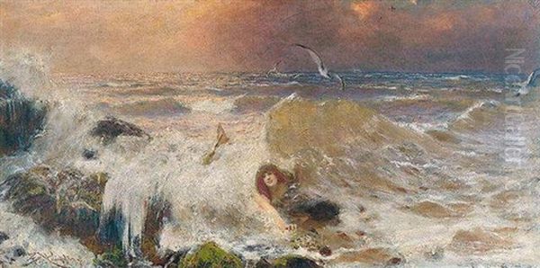 Mermaid Playing In The Waves Oil Painting by Benes (Benesch) Knuepfer