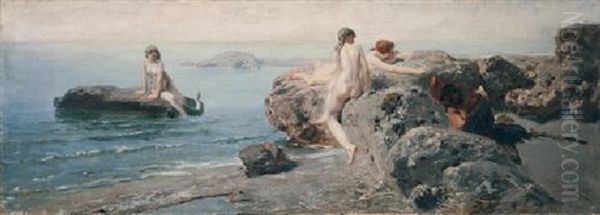 Naiads Spying On A Faun Oil Painting by Benes (Benesch) Knuepfer