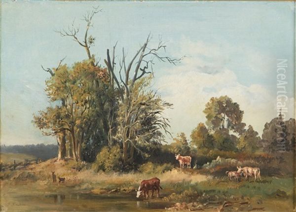 Cows Having Pasture At Shore Oil Painting by Johan Knutson