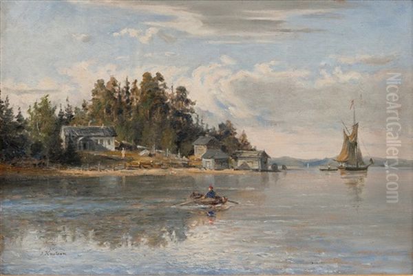 Summer Landscape With A Rowing Boat Oil Painting by Johan Knutson