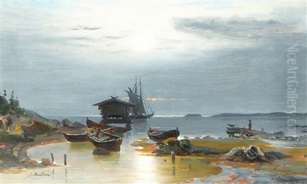 Boats On The Shore Oil Painting by Johan Knutson