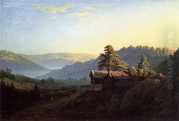 Solnedgang Bland Bergen Oil Painting by Johan Knutson