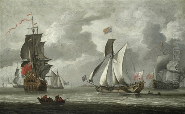 The Royal Yacht Cleveland With King Charles Ii Aboard, Arriving To Inspect The Flagship At The Nore Oil Painting by Jacob Knyff