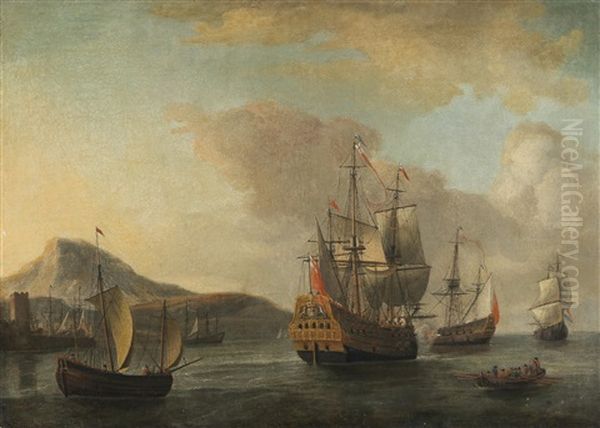 English Men-of-war Off A Southern Coast Oil Painting by Jacob Knyff