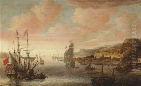 Ships In The Bay Of A Levantine Harbour Oil Painting by Jacob Knyff