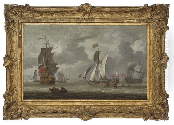 The Royal Yacht "cleveland," With King Charles Ii Aboard, Arriving To Inspect The Flagship At The Nore Oil Painting by Jacob Knyff