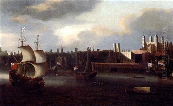 The Pool Of London With Old London Bridge, St. Paul's Cathedral And The Tower Of London Oil Painting by Jacob Knyff