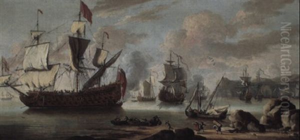 An English Three-decker Flagship With Other Shipping Close Inshore Oil Painting by Jacob Knyff