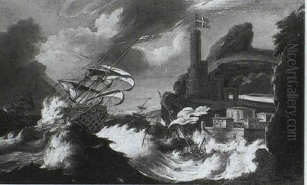 British Frigate Labouring In Heavy Seas Oil Painting by Jacob Knyff