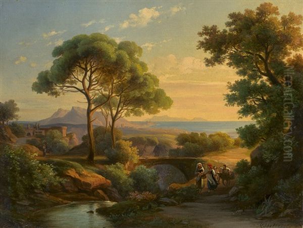 Blick Aus Dem Tal Des Fiume Magra Auf Die Kuste Bei Carrara Mit Blick Auf Korsika Oil Painting by Georg Koebel