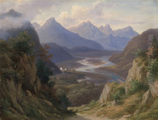 Alpenlandschaft: Blick In Ein Tal Mit Landgut Und Dorf Oil Painting by Georg Koebel