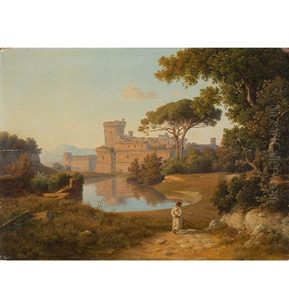 Italienische Landschaft Mit Blick Auf Ein Kastell Oil Painting by Georg Koebel