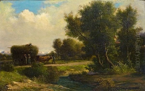 Baumbestandene Landschaft Mit Bauern Bei Der Heuernte Oil Painting by Georg Koebel