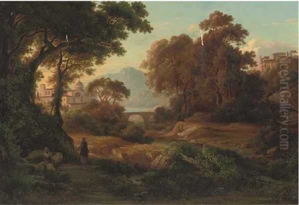 Monks Before A Monastery In An Arcadian Landscape Oil Painting by Georg Koebel