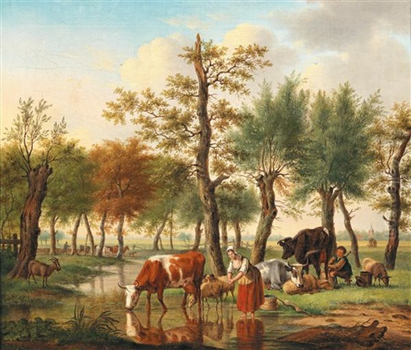 Herd Of Animals Near A Watering Place With Shepherds Oil Painting by Jan Kobell III