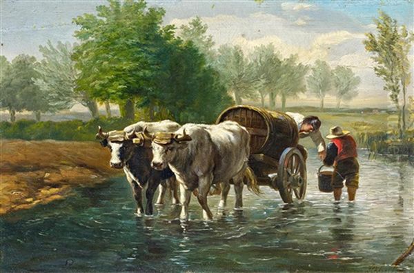 Bauern Mit Ochsenkarren Im Wasser Oil Painting by Jan Kobell III