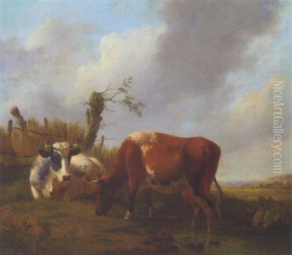 Cows By A Pond In Summer Oil Painting by Jan Kobell III