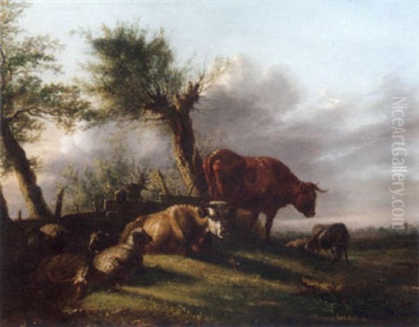 Cattle And Sheep By The Edge Of A Meadow Oil Painting by Jan Kobell III