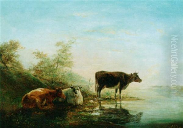 Cows By A Stream Oil Painting by Jan Kobell III