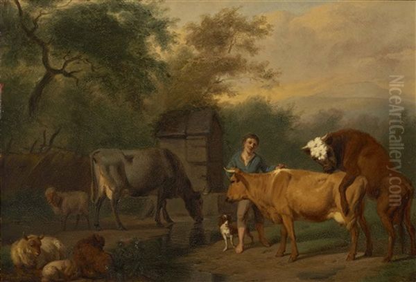 Hirte Mit Vieh An Der Tranke Oil Painting by Jan Kobell the Younger