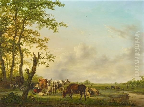 Meadow Landscape With A Shepherd And Shepherdess Oil Painting by Jan Kobell the Younger