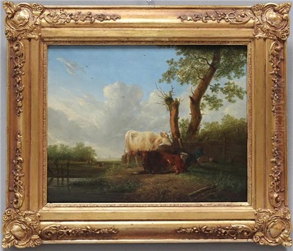 An Teichufer Rastender Hirte Mit Kuhen Oil Painting by Jan Kobell the Younger